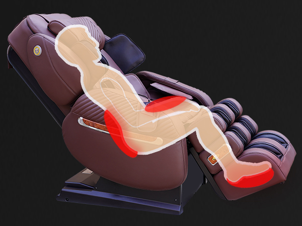 Luraco i9 Max Plus tri-zone heat diagram with lower back hands and feet zones highlighted