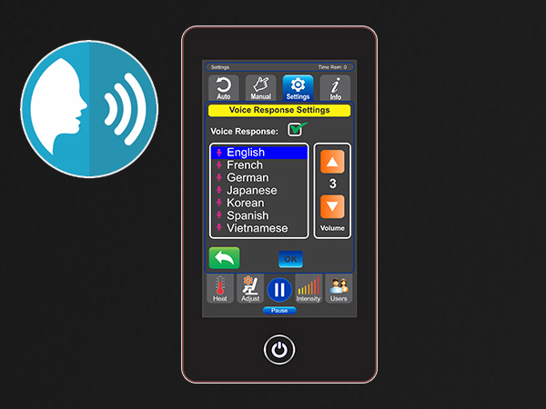 Luraco i9 Max Plus wireless touchscreen controller showing body zone map and massage program selection