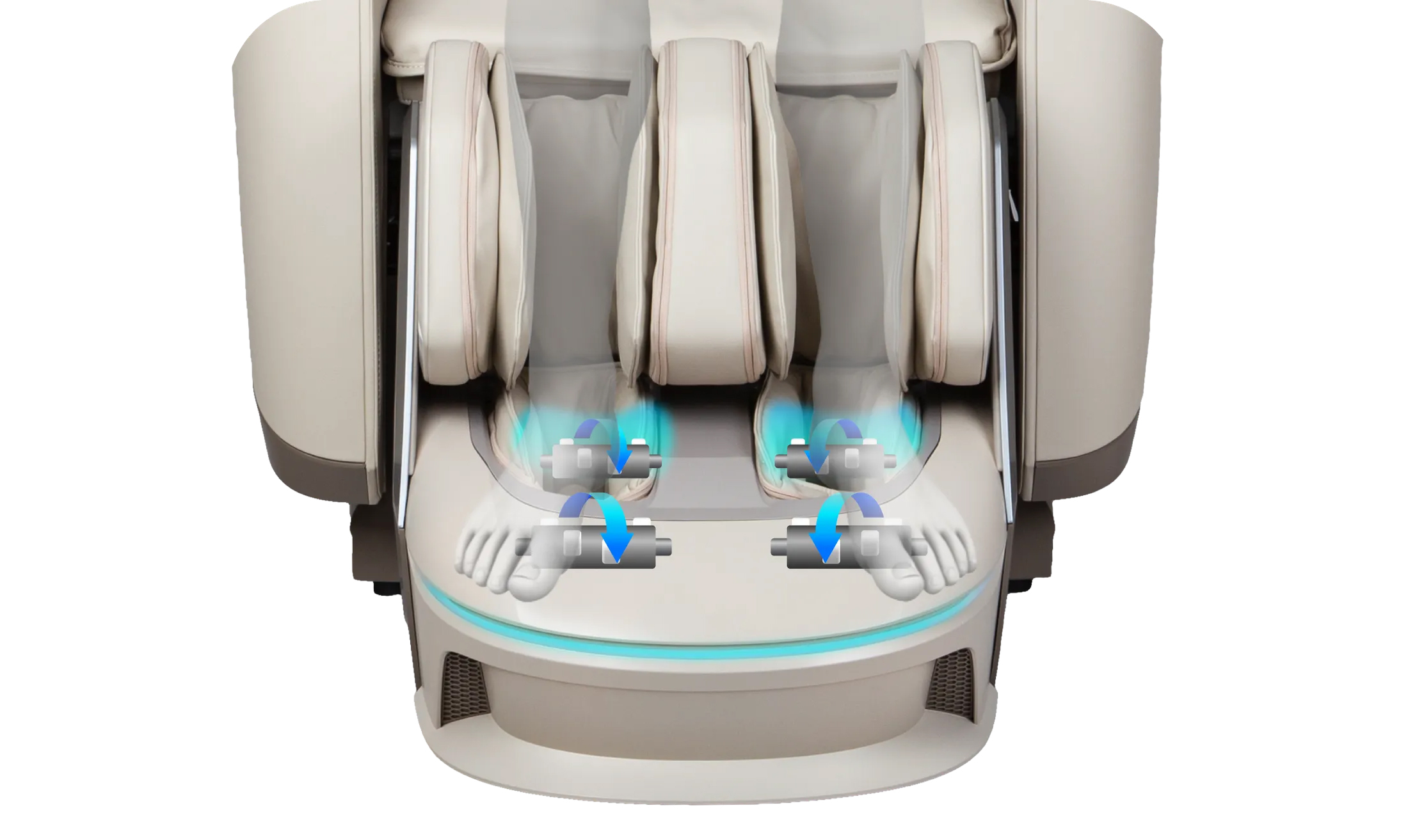 Osaki Ai Apex Duo foot massage showing 4 rollers, 16 airbags, Achilles heel coverage, and 7-inch automatic footrest extension