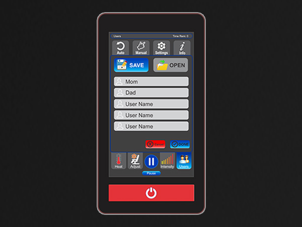 Luraco Model 3 Hybrid SL 6-zone intensity control screen showing neck upper back lower back arms calves feet