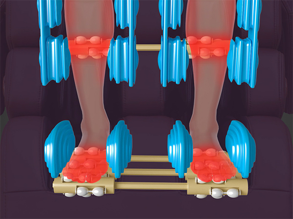 Luraco i9 Max Plus showing tripled foot rollers, Achilles heel massage nodes, and calf roller system