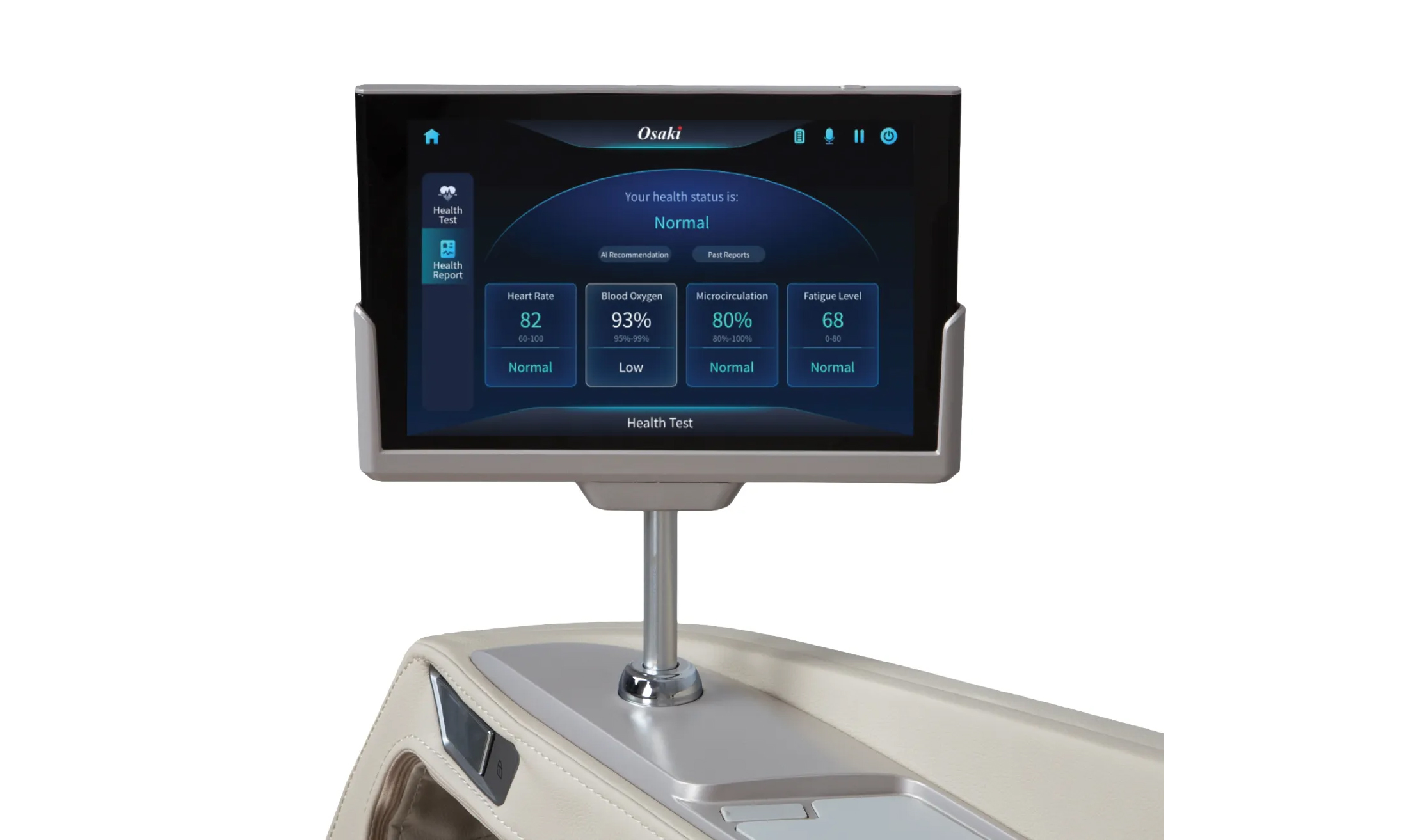 Osaki Ai Apex Duo 8-inch wireless touchscreen tablet showing auto programs body map and AI health readings