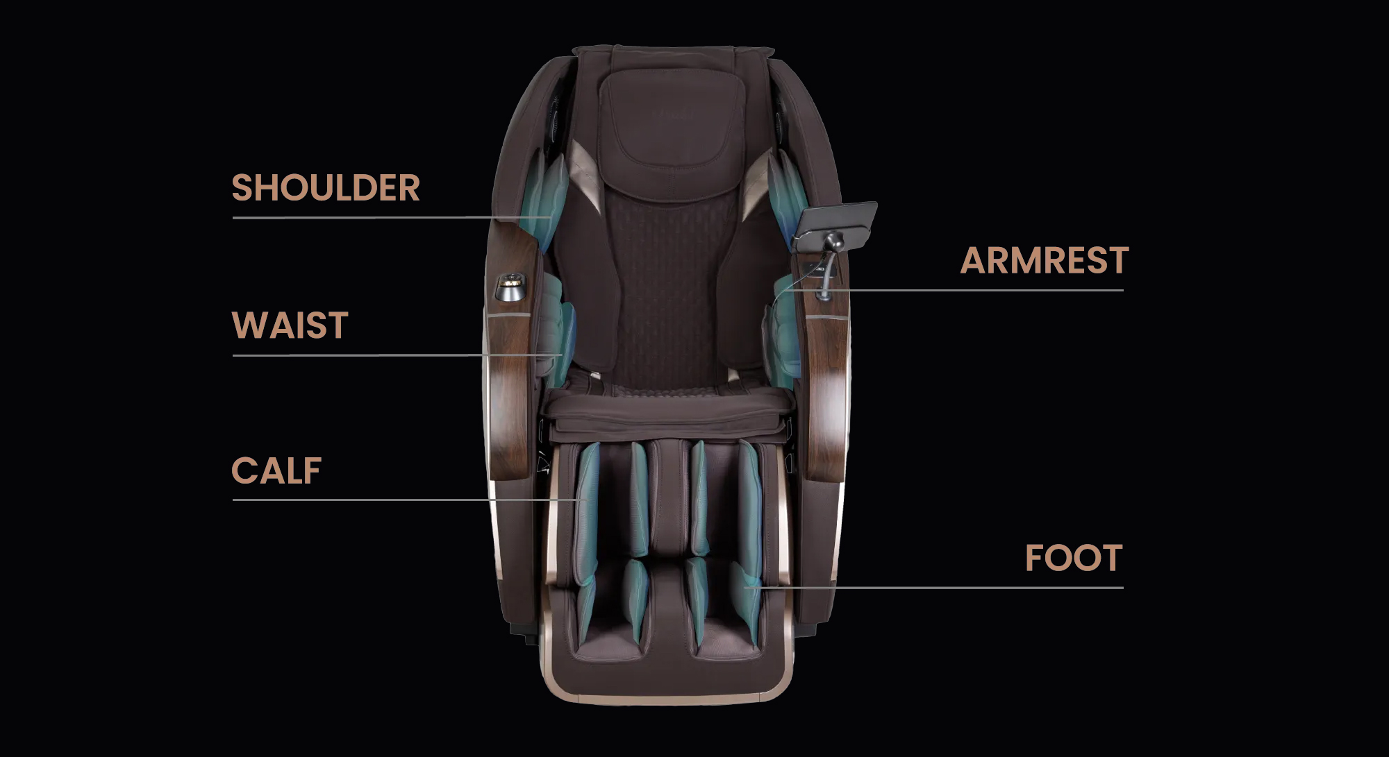 Osaki Pro Vivant 5D 38 cell full body air massage diagram showing all coverage zones