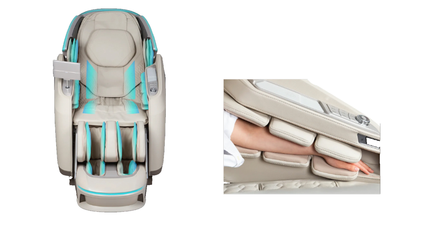 Osaki Ai Apex Duo 62-cell full body air compression diagram with all coverage zones highlighted including 3-segment armrest airbags