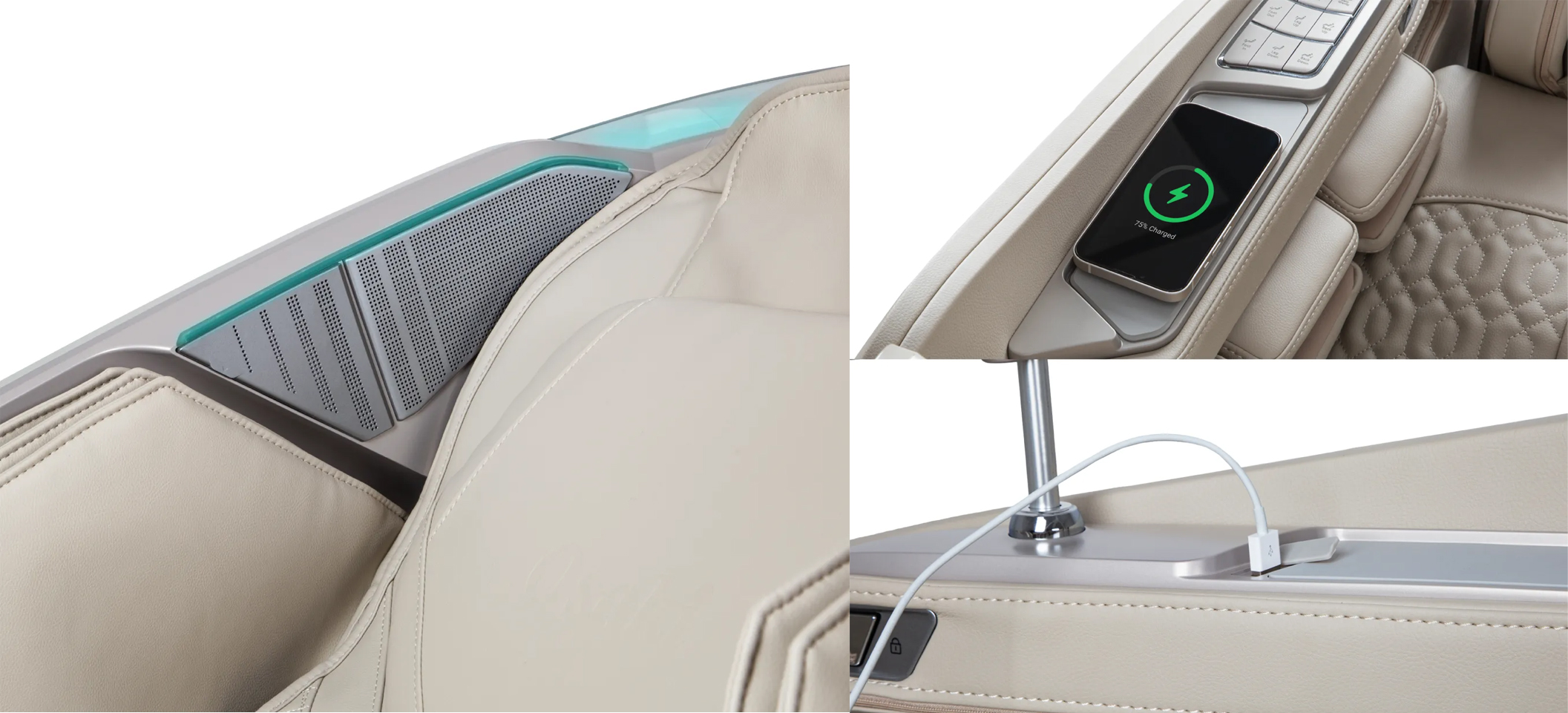 Osaki Ai Apex Duo wireless charging pad on armrest, USB port, and Bluetooth speaker with side control panel