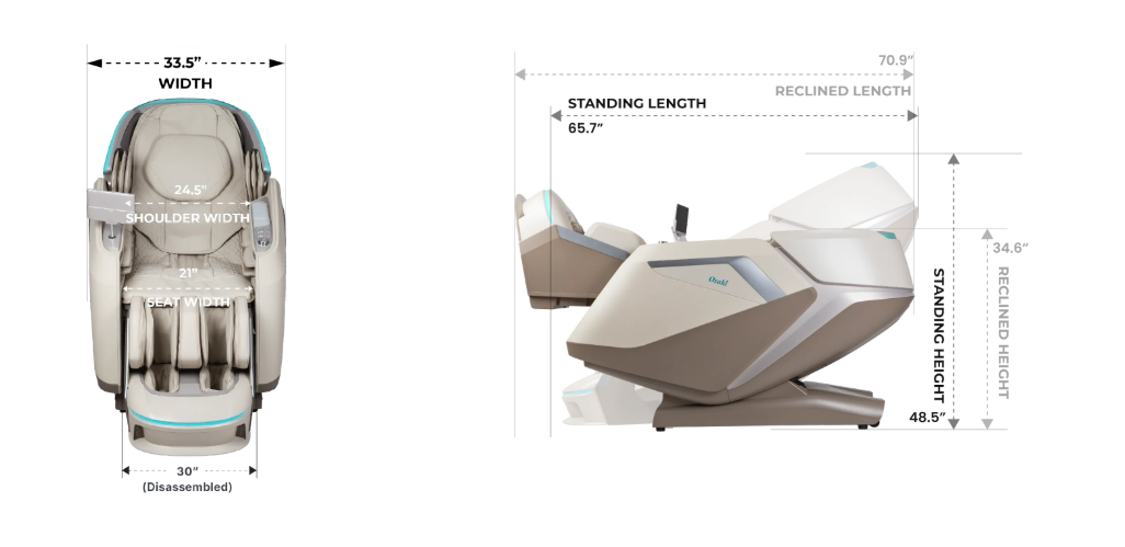 Osaki Ai Apex Duo dimensions diagram showing standing and reclined measurements, seat width 21 inches, footrest extension 7 inches, max user height 6 feet 3 inches, max user weight 280 lbs