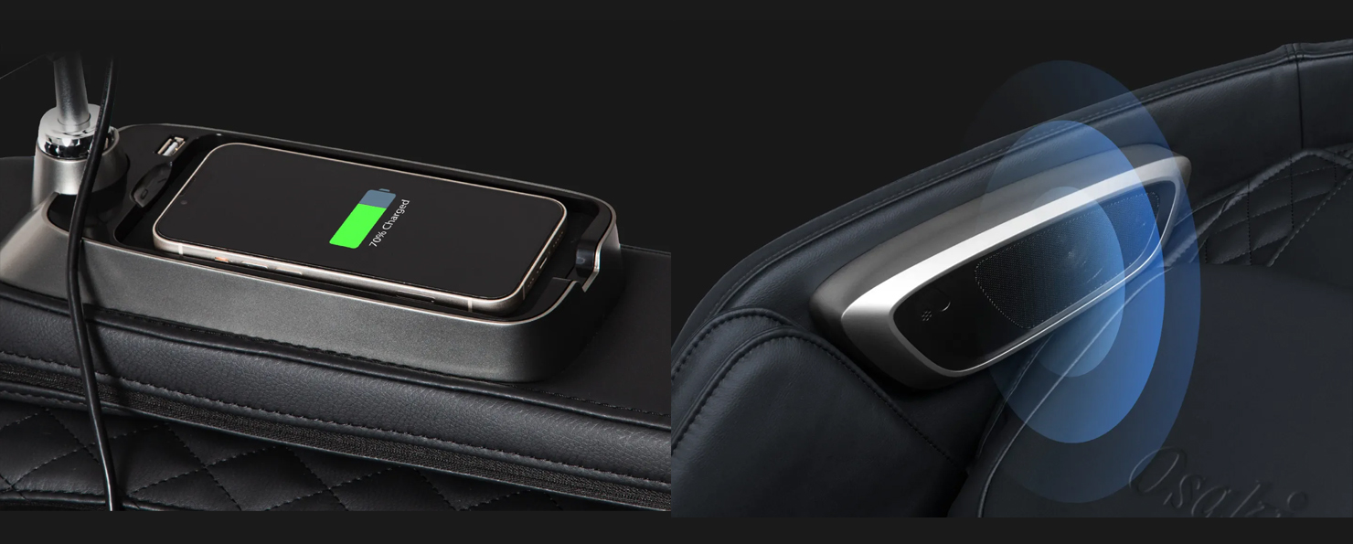 Osaki Bravo Duo Flex touchscreen remote, wireless charging pad, side panel controls, and Bluetooth speaker