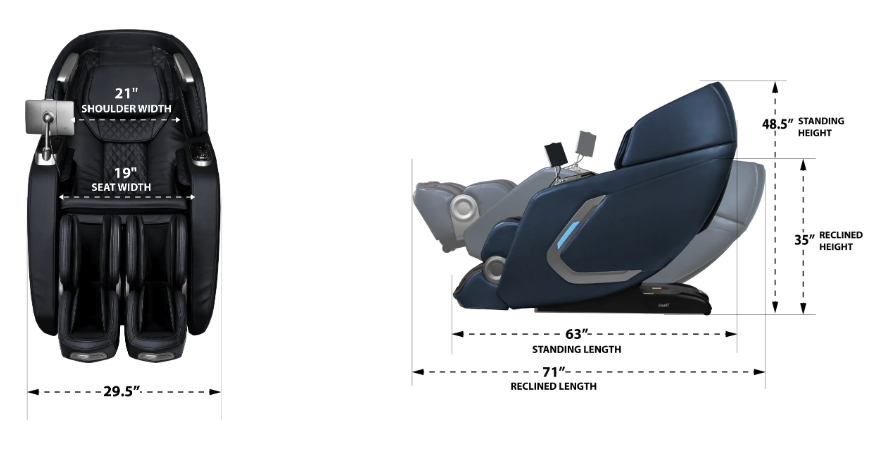 Osaki Bravo Duo Flex dimensions: upright 63 x 29.5 x 48.5 inches, reclined 71 x 29.5 x 35 inches, seat width 19 inches, minimum doorway 29.5 inches, weight 245 lbs