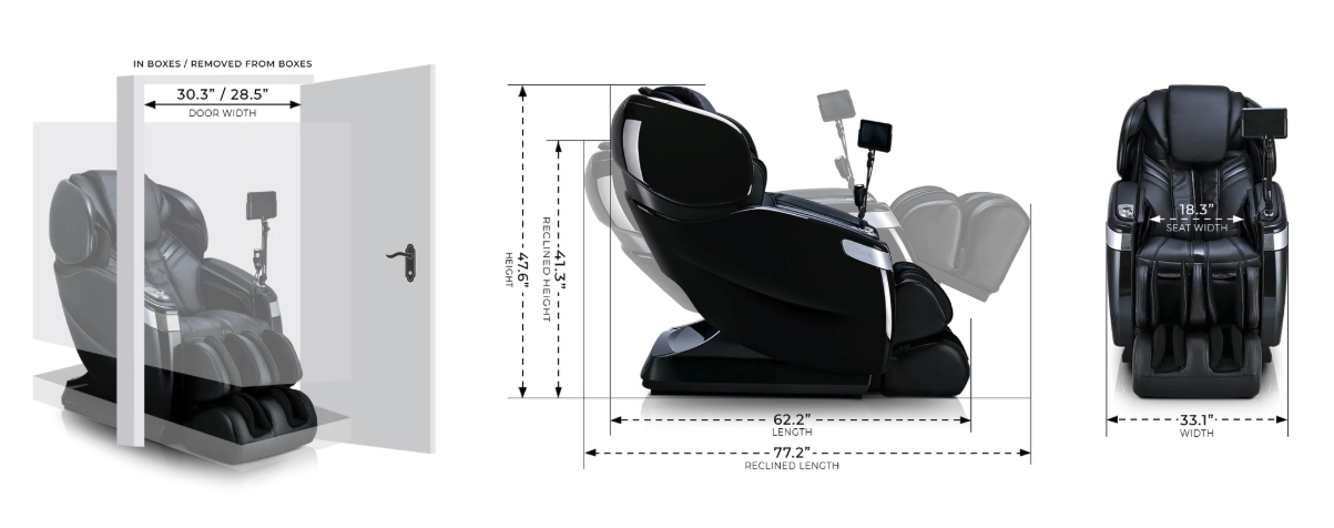 Ogawa Master Drive AI 2.0 dimensions: upright 62.2 x 33.1 x 47.6 inches, reclined 77.2 x 33.1 x 41.3 inches, 4-inch wall clearance, 258.9 lb chair weight, height range 5 feet 2 inches to 6 feet 1 inch, seat width 18.3 inches, 320 lb weight capacity