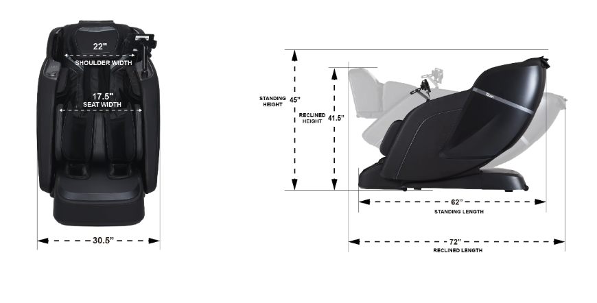 Titan TP-Ronin 4D dimensions: upright 62.5 x 29.7 x 43.7 inches, wall clearance 5.5 inches, chair weight 216 lbs, height capacity up to 6 feet 3 inches, seat width 17.5 inches, weight capacity 220 lbs