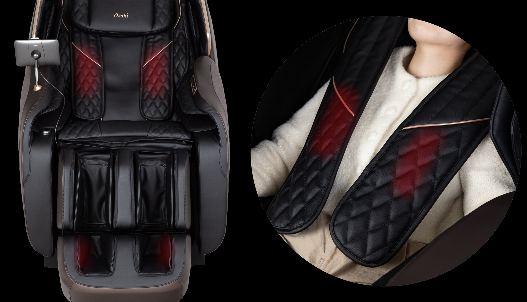 Osaki Duke XL 4D heating therapy showing lumbar foot and heating shawl zones