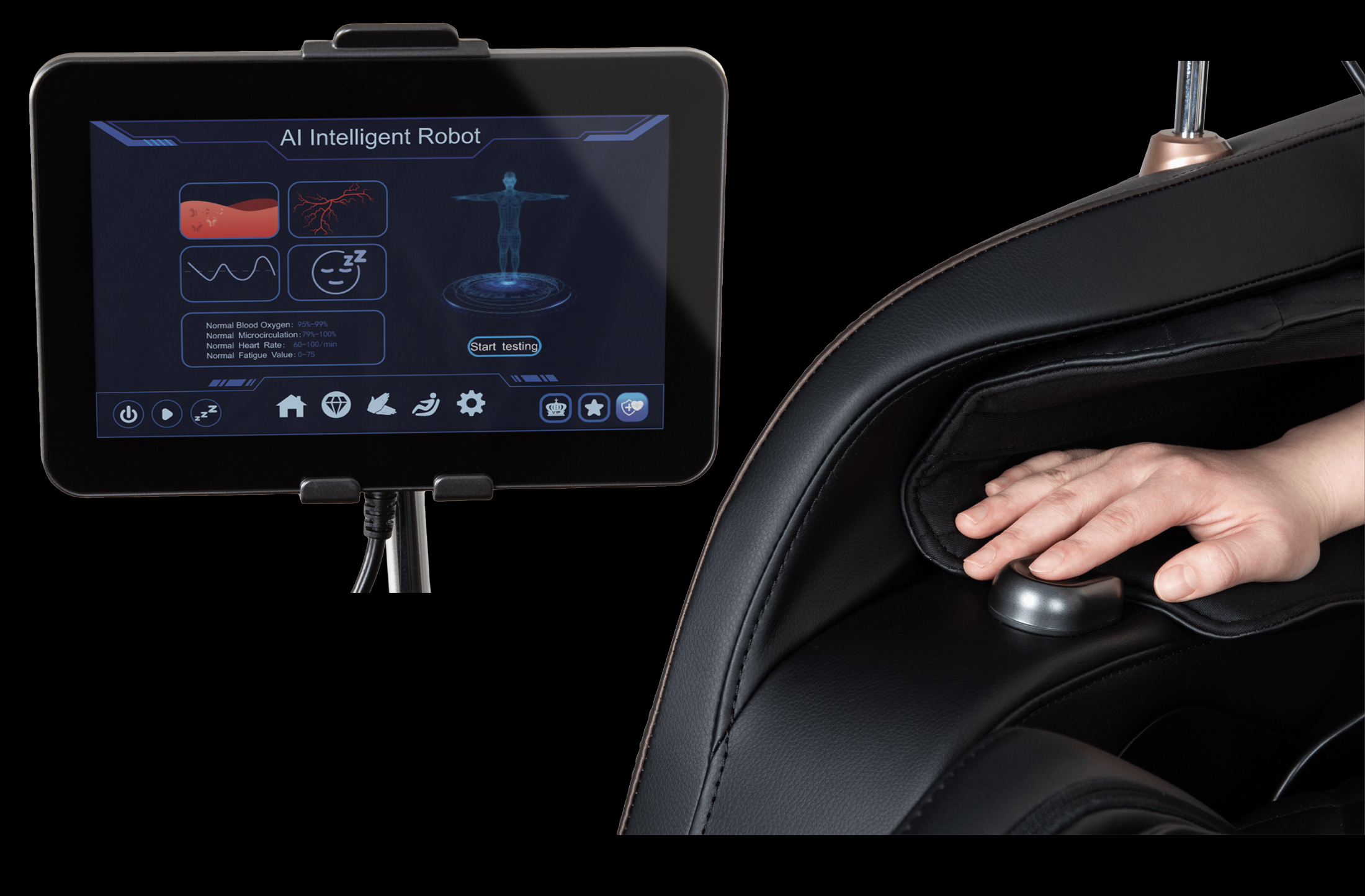 Osaki Duke XL 4D intelligent health detection showing biometric sensors and AI analysis