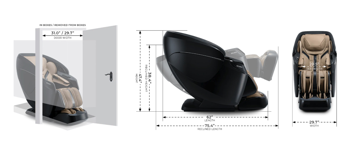 Ogawa Active XL DUO dimensions diagram: standing 62 x 29.7 x 47.4 inches, reclined 75.4 x 29.7 x 38.4 inches, seat width 20.5 inches, shoulder width 22 inches, net weight 205 lbs