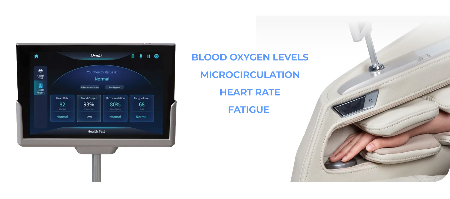 Osaki Ai Apex Duo 8-inch touchscreen showing AI health detection readings for heart rate, blood oxygen, microcirculation, and fatigue