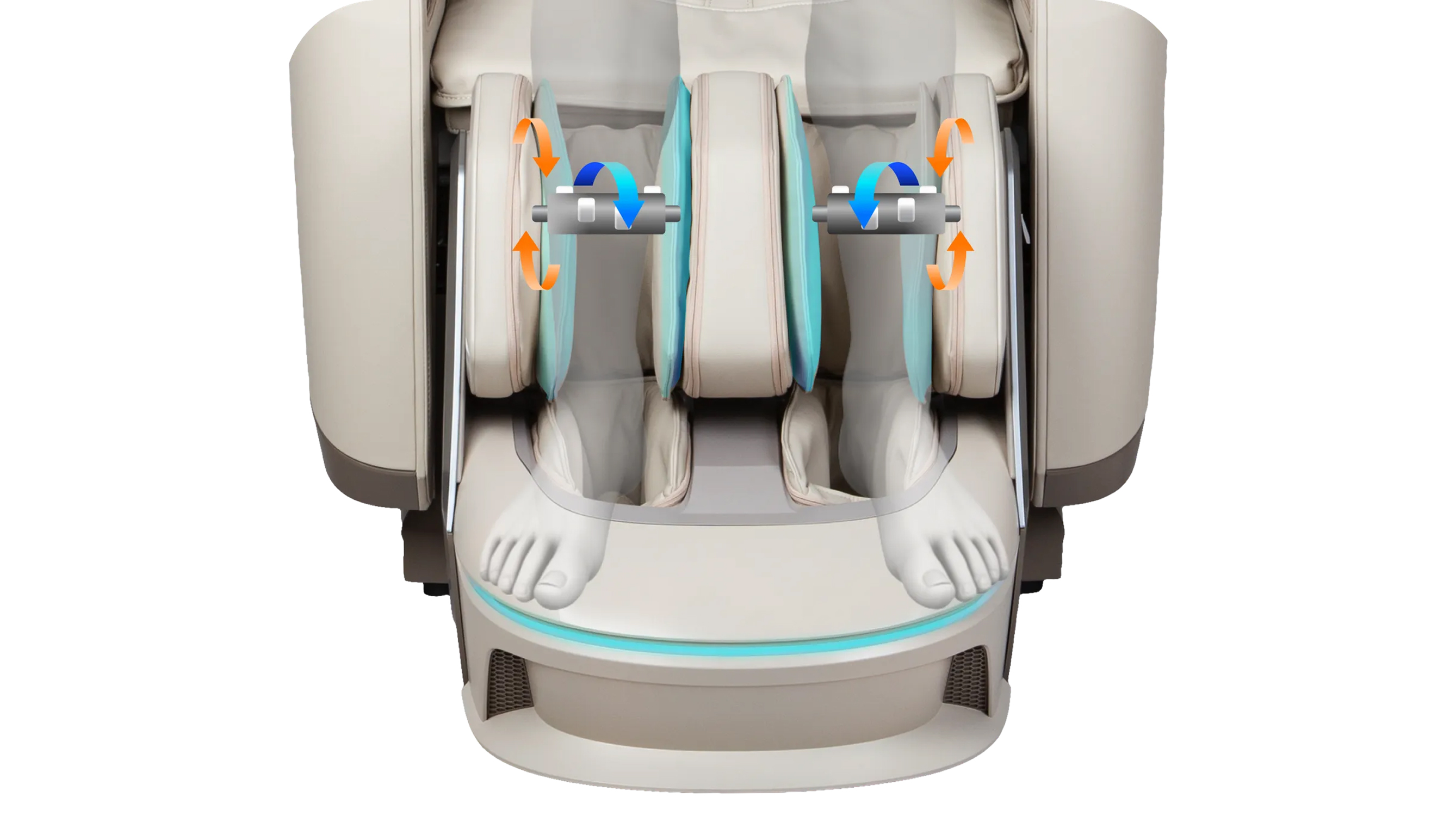 Osaki Ai Apex Duo deep calf kneading showing outer rotation rollers and 8 airbags working the calf muscles