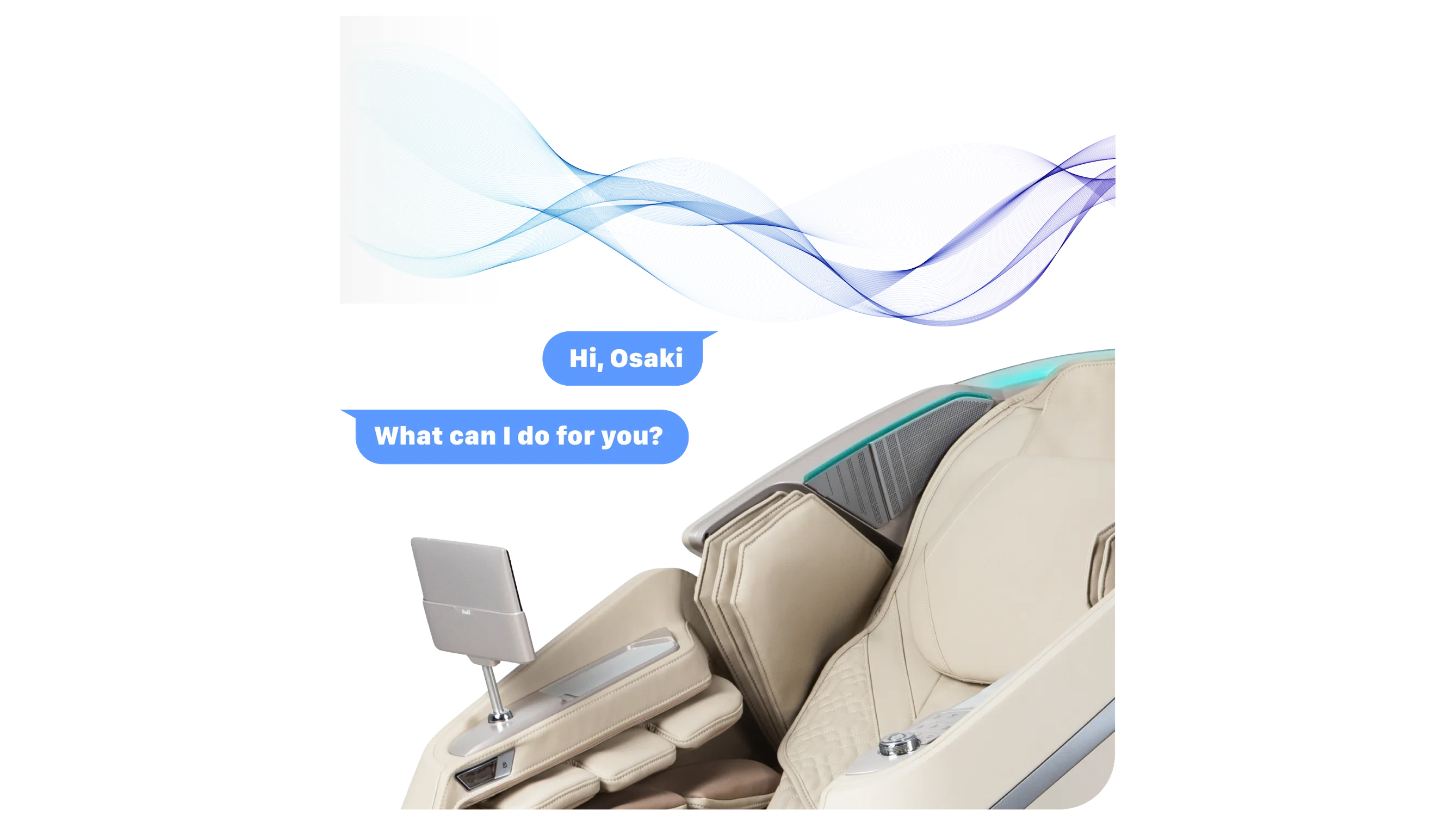 Osaki Ai Apex Duo intelligent voice control with sound wave graphic and command illustration