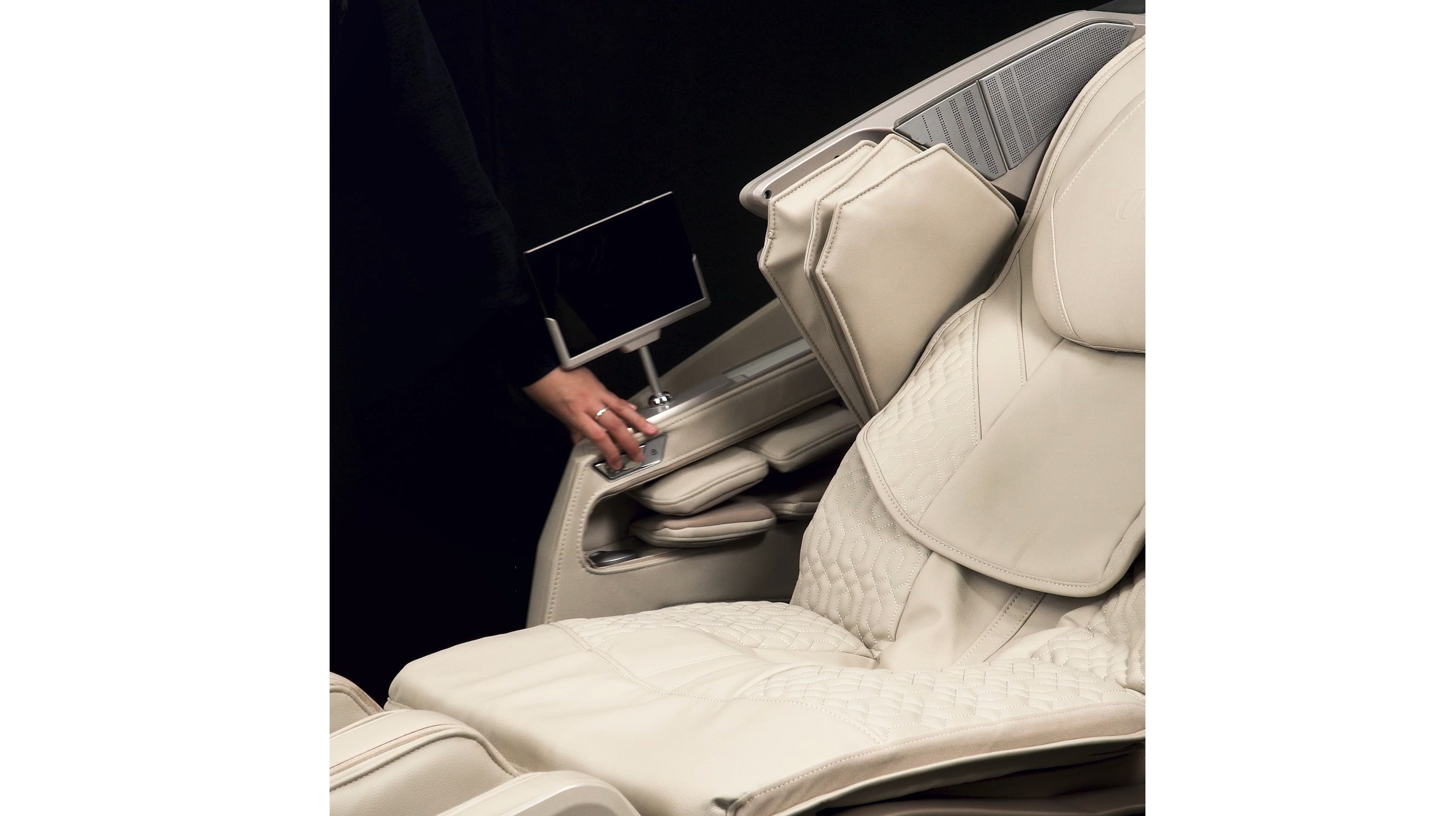 Osaki Ai Apex Duo sliding side door panels open showing the easy-entry seating area