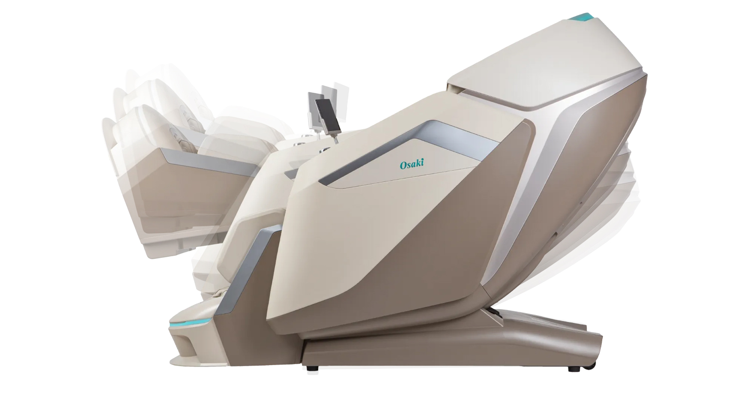 Osaki Ai Apex Duo in 3-stage zero gravity recline position showing 1-inch wall clearance micro-space saving technology
