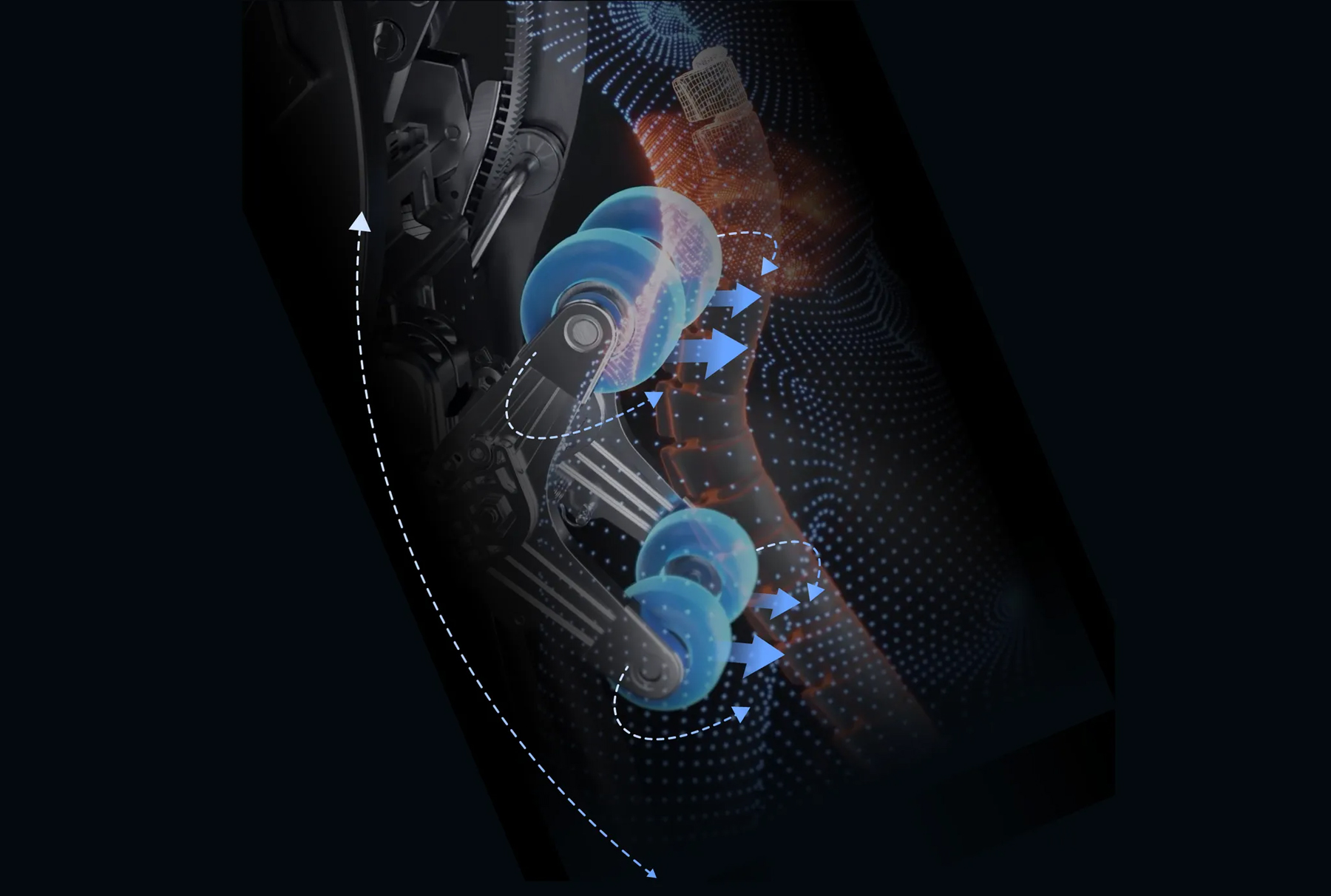 Osaki 4D Emperor II 4D massage mechanism diagram showing four-dimensional roller movement