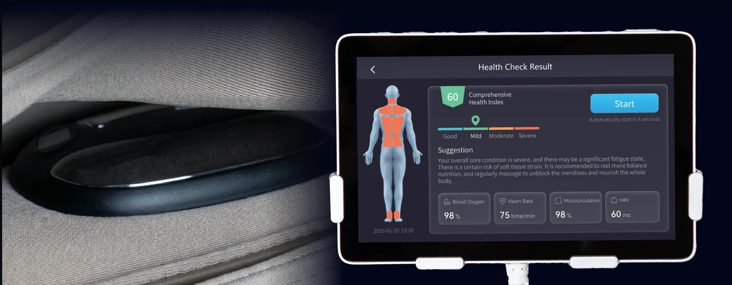 Osaki 4D Emperor II intelligent health detection showing heart rate blood oxygen and fatigue readings