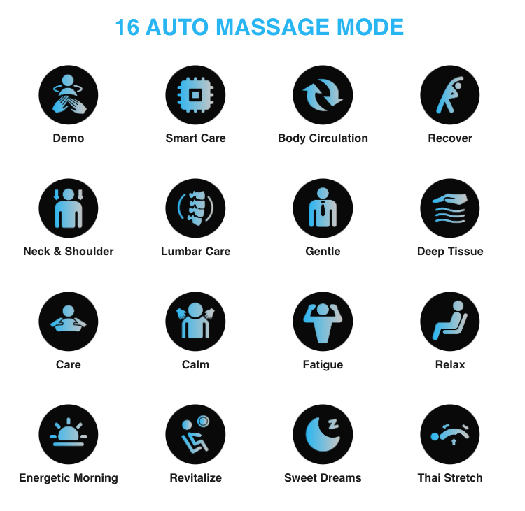 Osaki 4D Emperor II touchscreen showing 16 auto programs and 6 manual massage modes