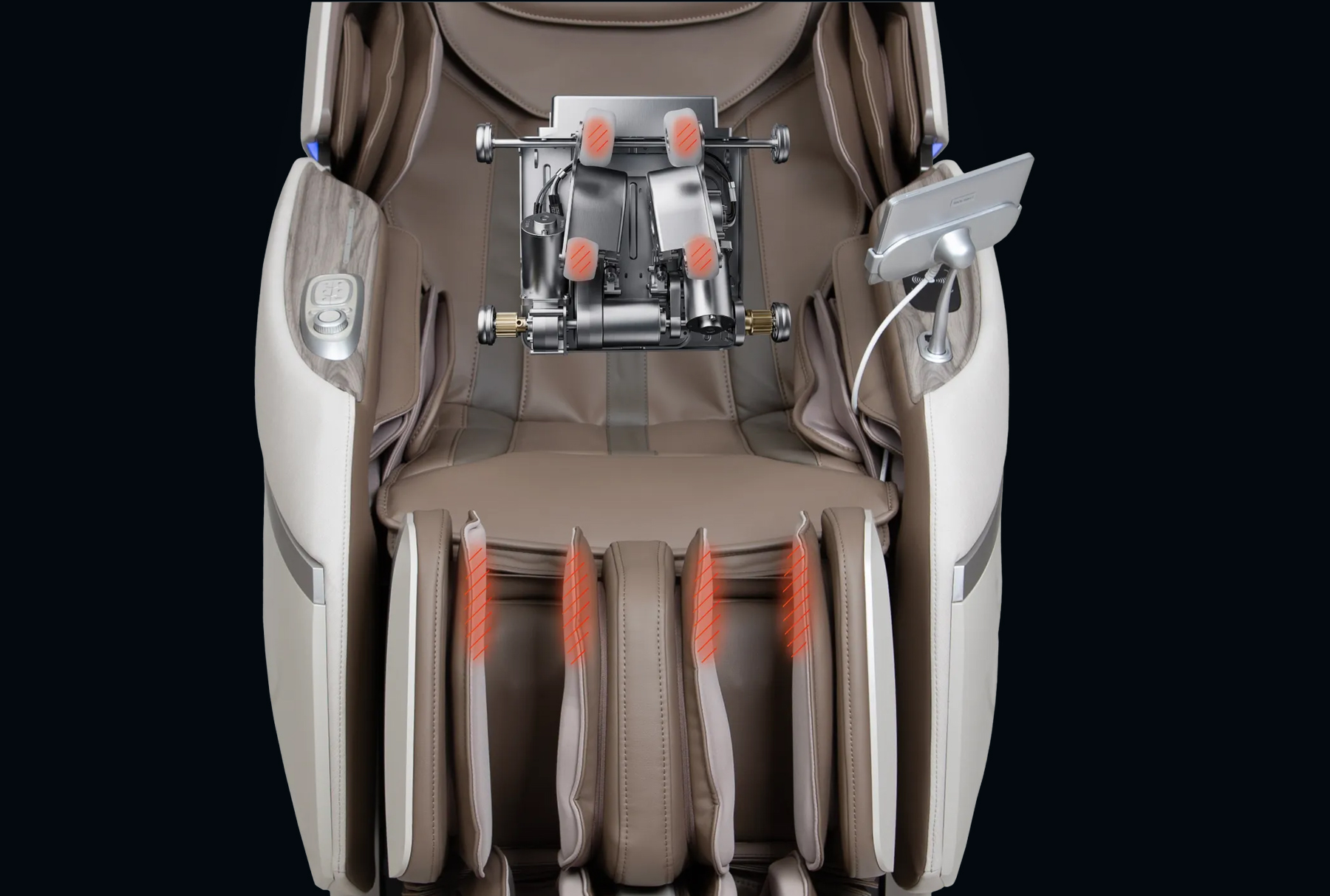 Osaki 4D Emperor II heated back rollers showing infrared heat and calf heating zones