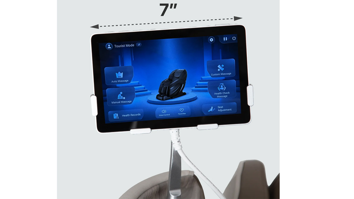 Osaki 4D Emperor II touchscreen tablet remote with wireless charging pad and side panel controls