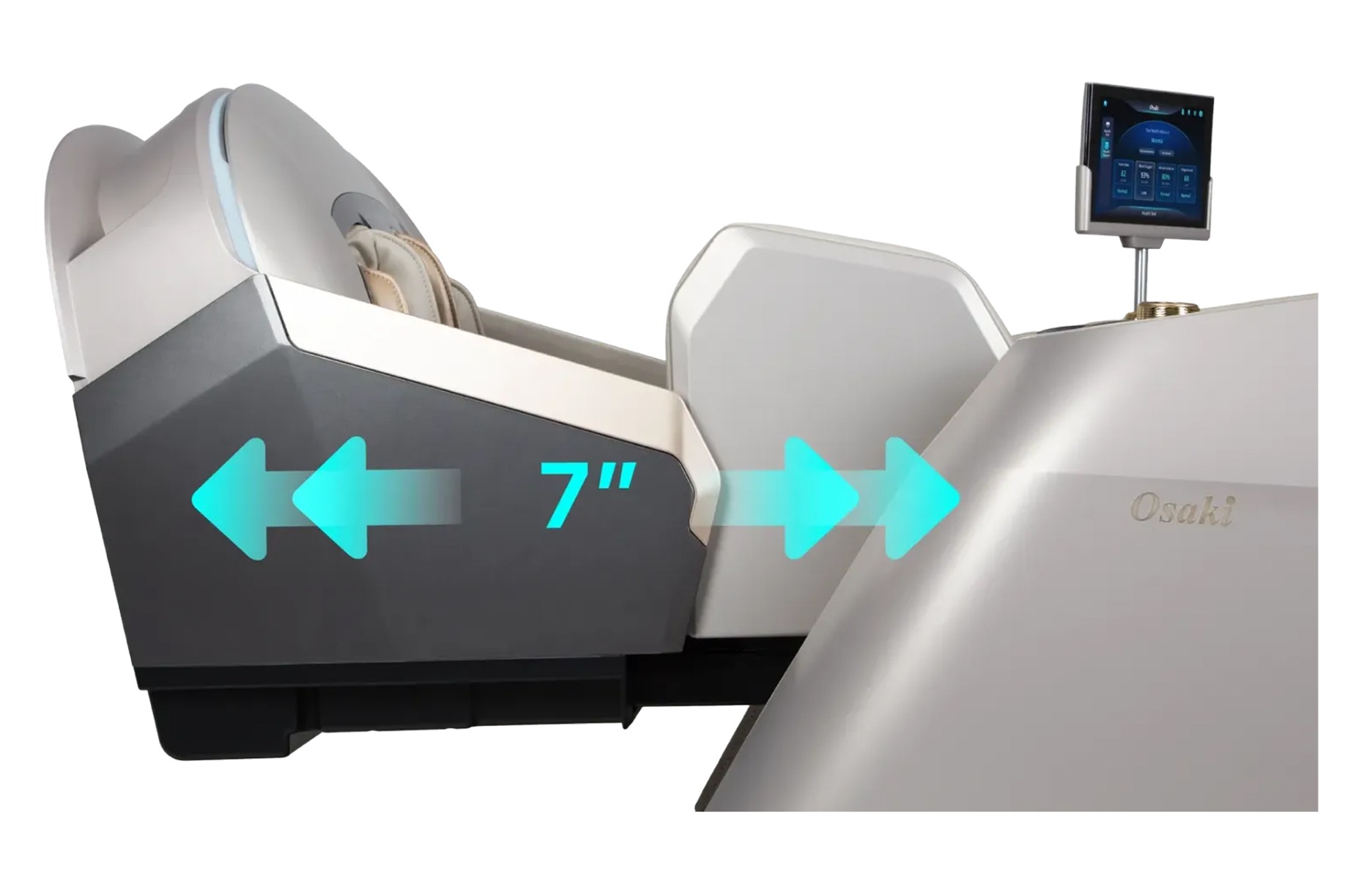 Osaki AI Grand Duo auto extension footrest showing 7 inch extension range