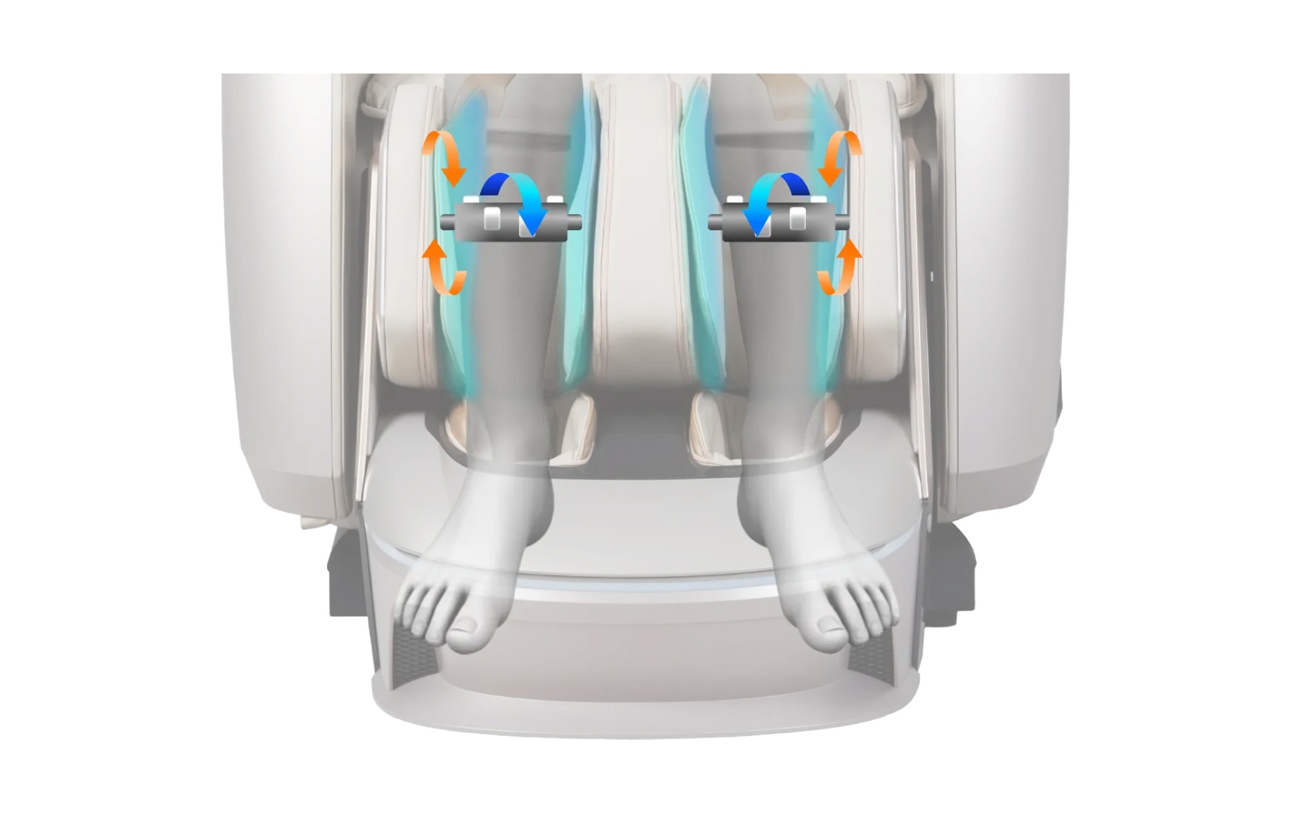 Osaki AI Grand Duo deep calf kneading showing rotation kneading rollers and airbags working simultaneously