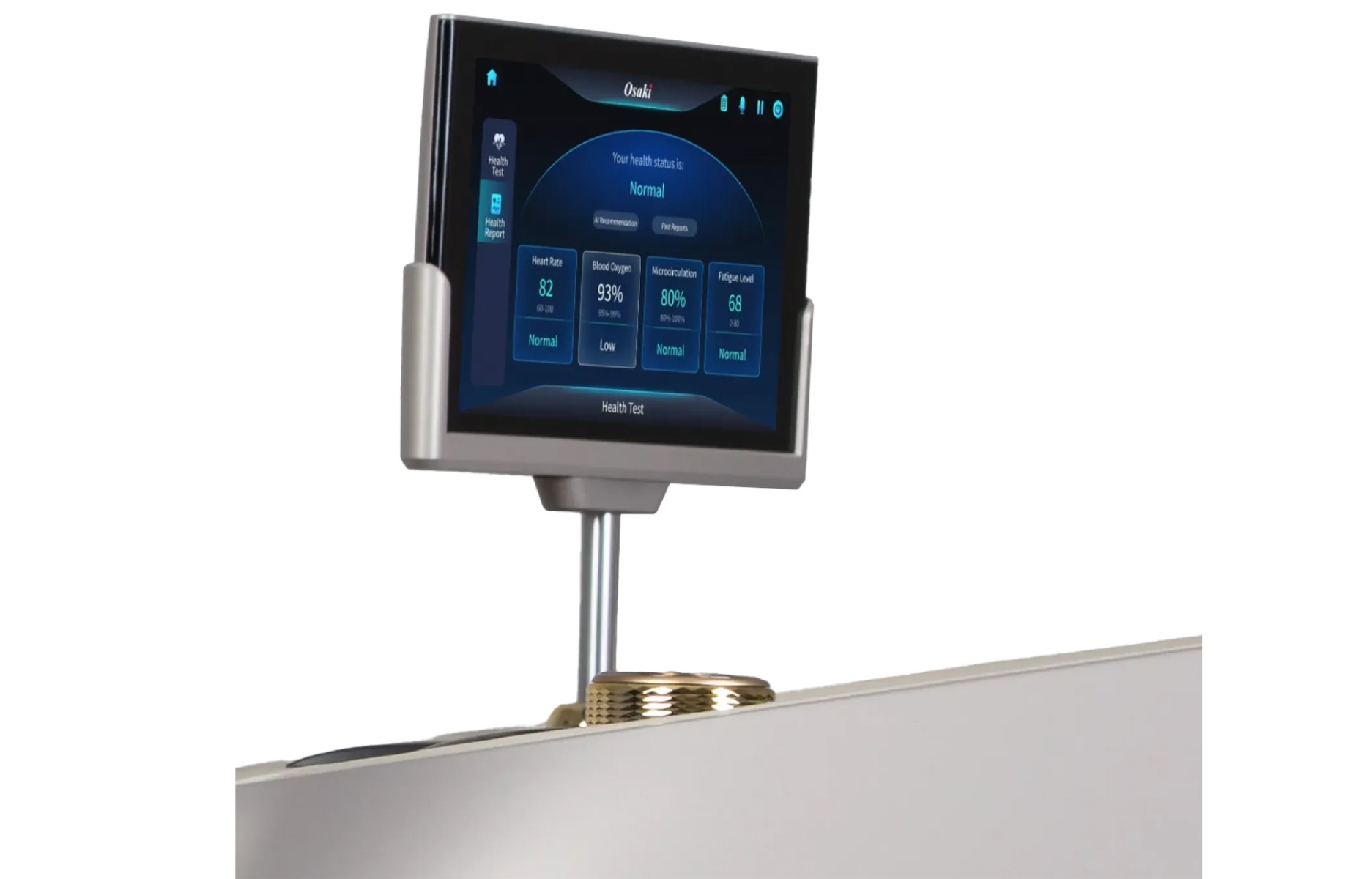 Osaki AI Grand Duo 8 inch wireless touchscreen remote showing health readings and program selection