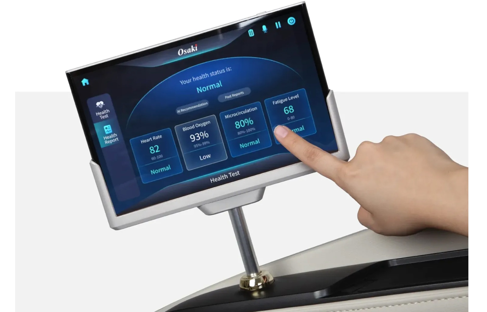 Osaki AI Grand Duo AI Series health sensor showing heart rate blood oxygen microcirculation and fatigue readings on tablet