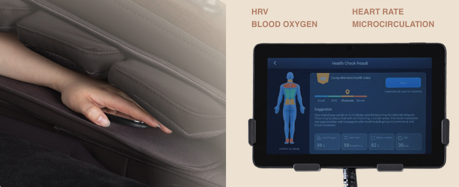 Osaki Pro Vivant 5D Intelligent Health Detection hand sensor showing heart rate blood oxygen and fatigue index readings