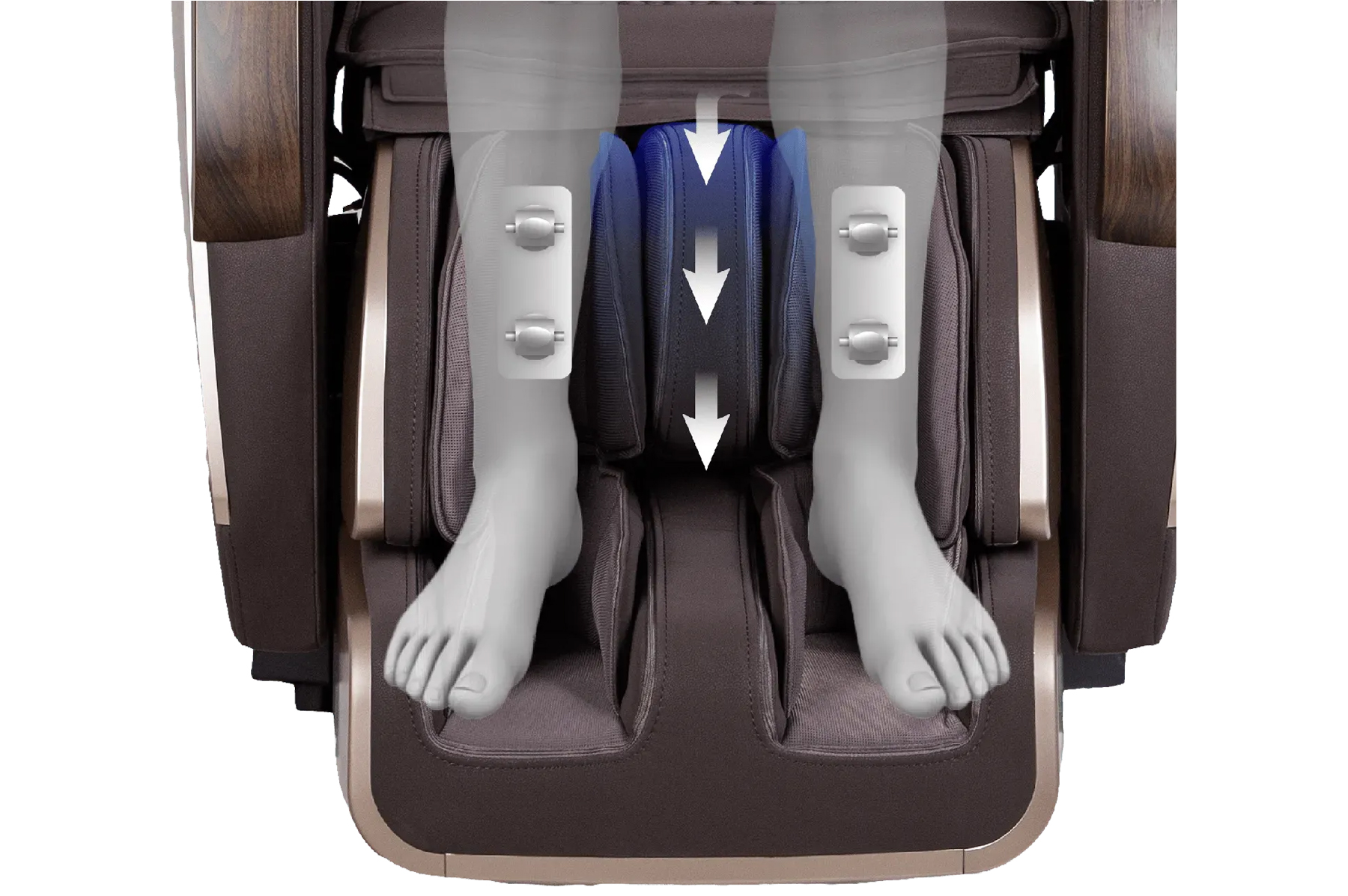 Osaki Pro Vivant 5D deep calf kneading showing rollers and airbag compression working together