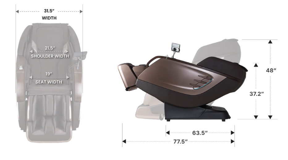 Osaki Pro Vivant 5D dimensions diagram showing standing height width reclined length and seat specifications