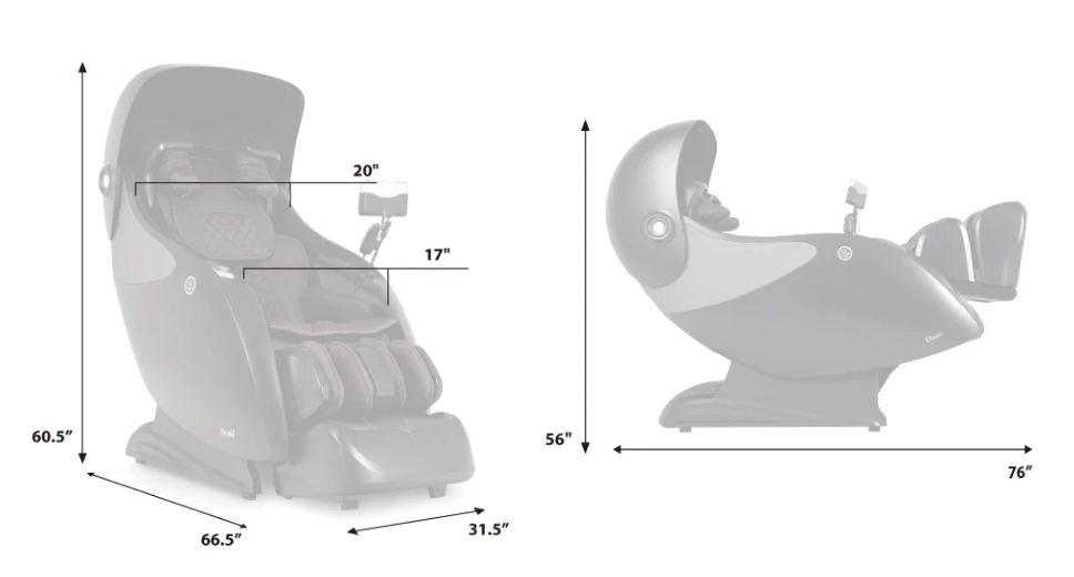 Osaki OP-Ai Xrest 4D+ dimensions diagram showing standing and reclined measurements