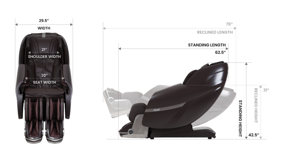 Osaki Ai Solo Flex 4D dimensions diagram showing standing and reclined measurements