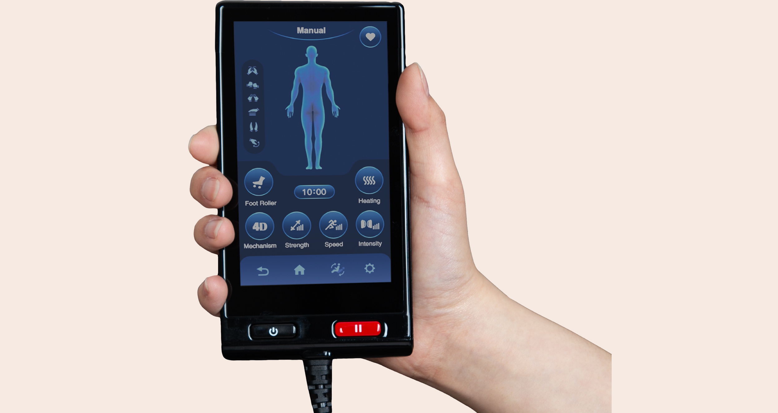 Osaki Ai Solo Flex 4D touchscreen controller with remote holder showing program interface