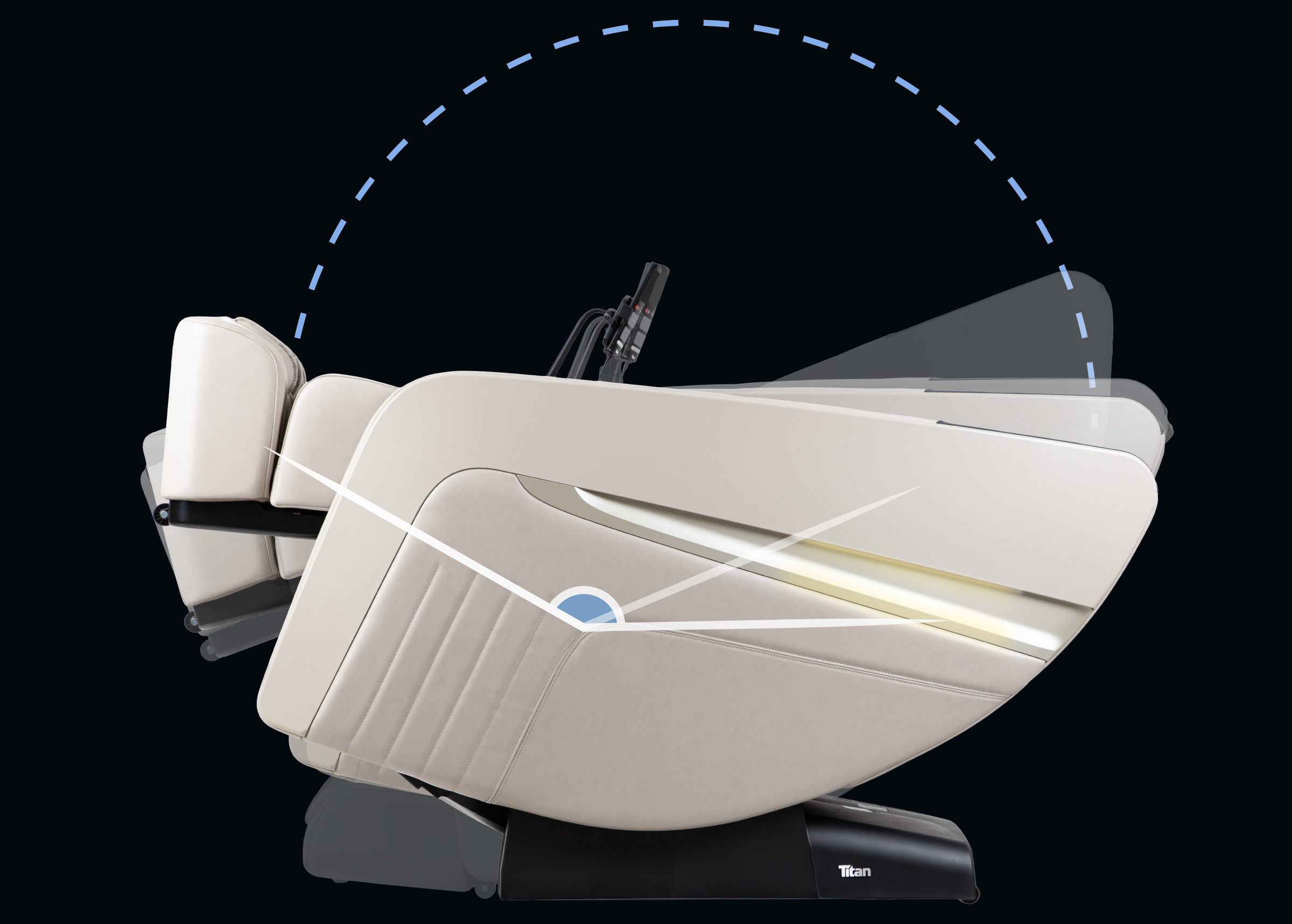 Titan Forge in zero gravity recline position with space-saving wall clearance