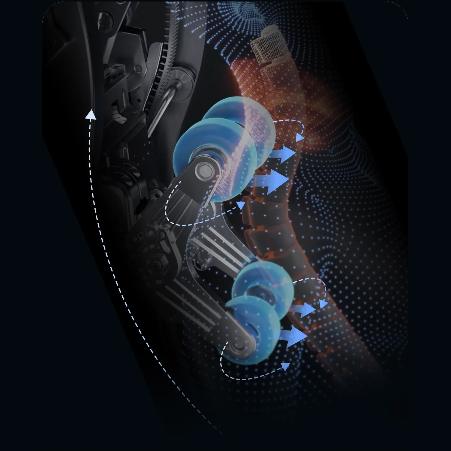 Osaki Trion Flex Duo 4D massage mechanism diagram showing four dimensions of movement