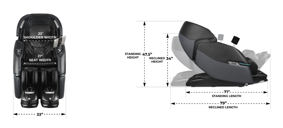 Osaki Trion Flex Duo dimensions diagram: upright 33 inches wide, 71 inches long, 47.5 inches tall; reclined 33 inches wide, 79 inches long, 34 inches tall; minimum door width 30 inches; seat width 21 inches; shoulder opening 22 inches; footrest extension up to 6 inches