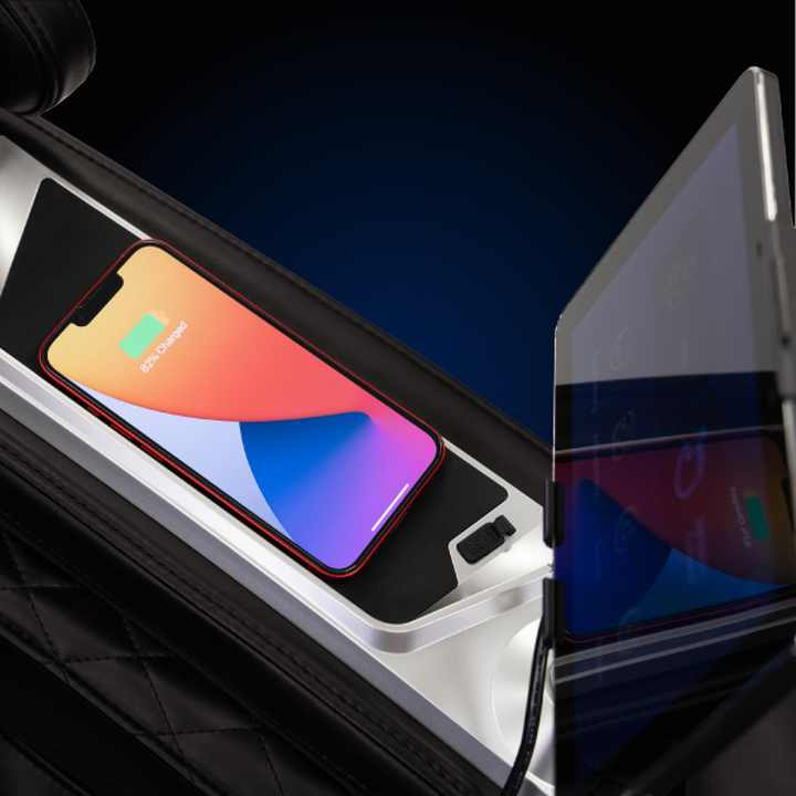 Infinity Luminary wireless charging pad and USB port in armrest