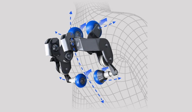 Osaki OP-Ai Xrest 4D+ SL-Track 4D massage mechanism diagram showing neck to hamstring coverage