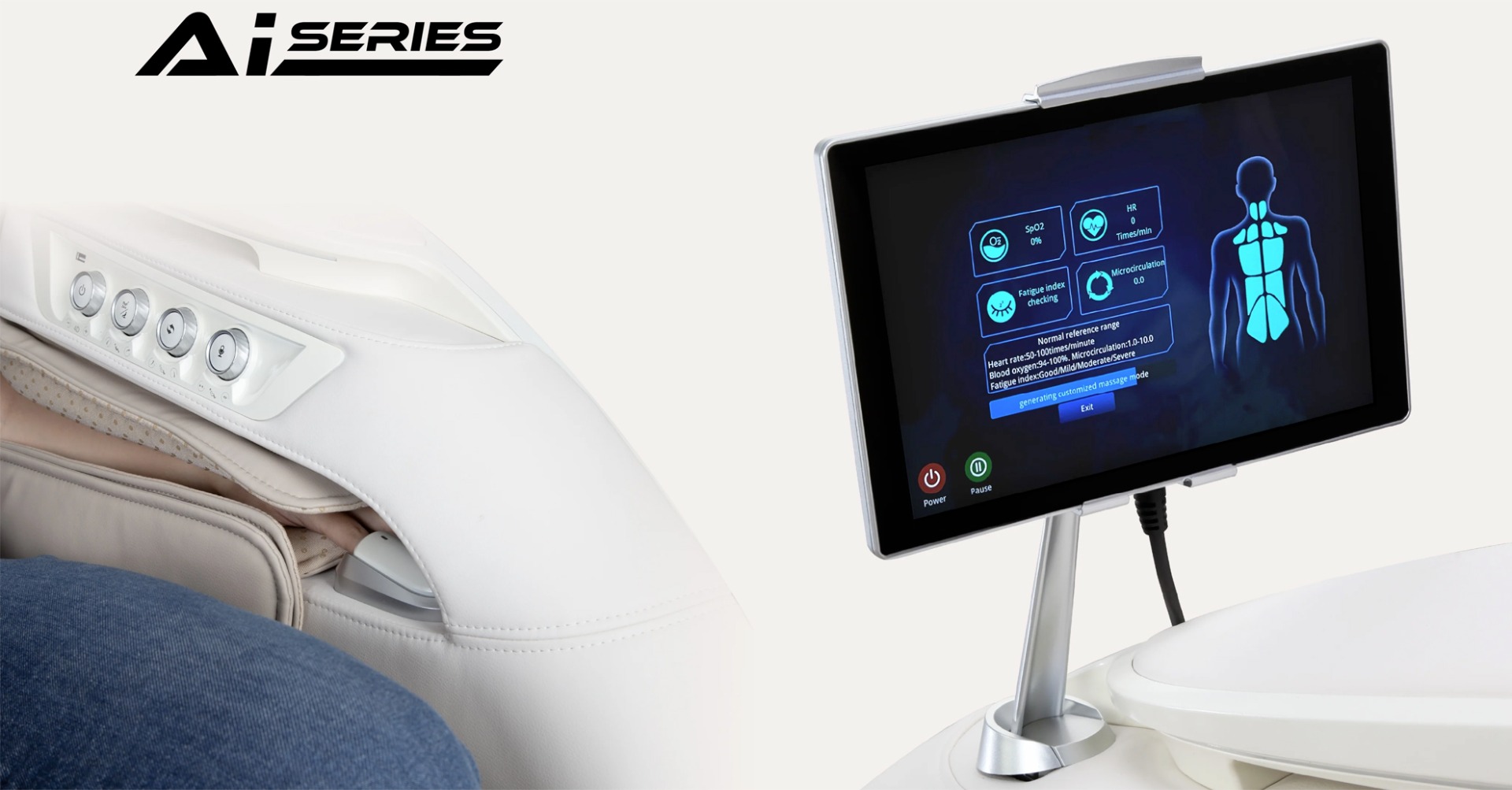 Osaki DuoMax AI Series tablet displaying SpO2 heart rate and fatigue index health readings