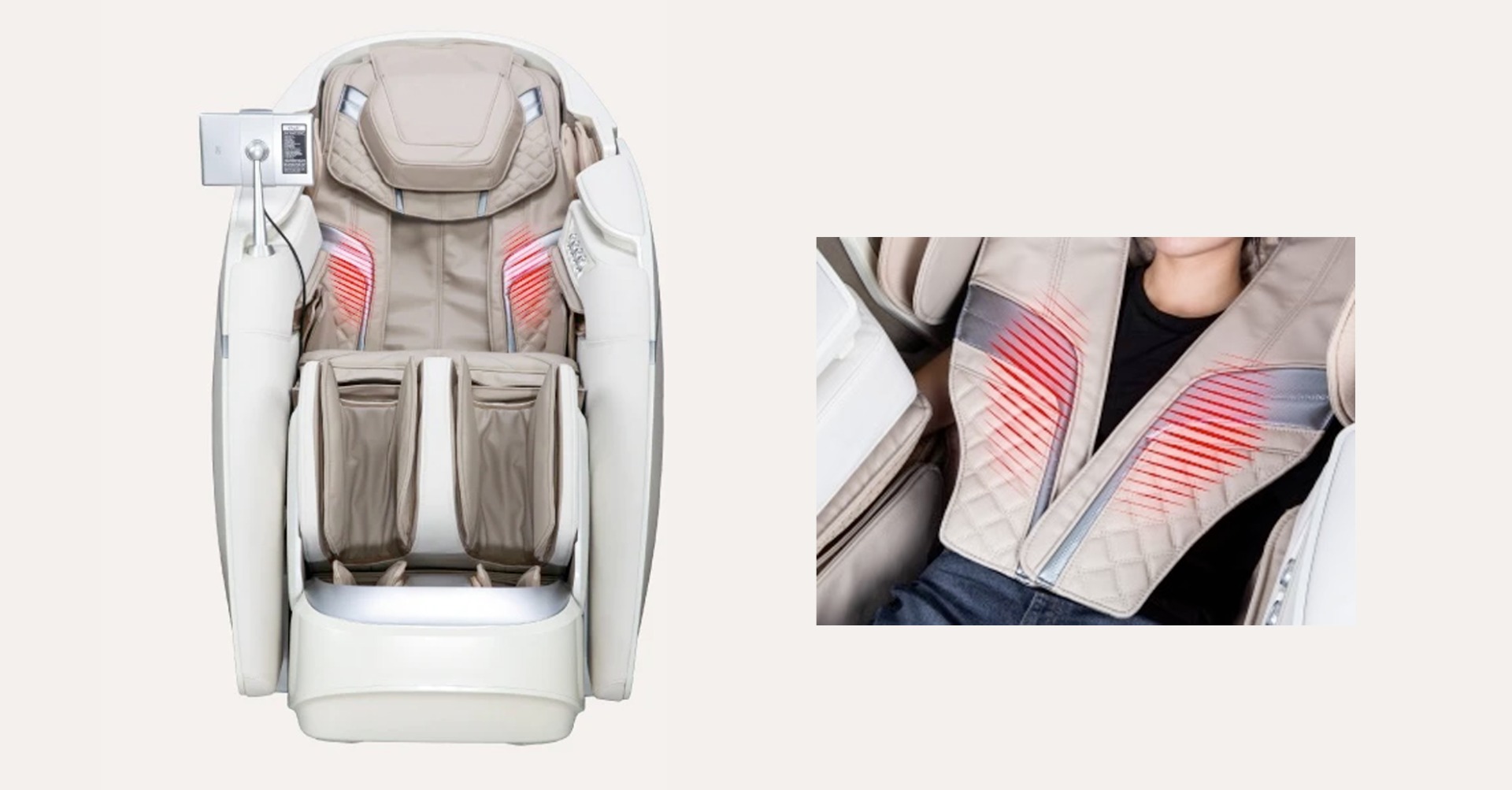 Osaki DuoMax body heat therapy diagram showing heating shawl covering chest and stomach and lumbar heating zones