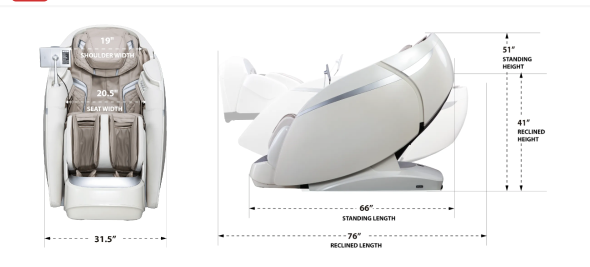 Osaki DuoMax dimensions: standing length 68 inches, reclined length 76 inches, width 31.5 inches, standing height 50 inches, seat width 20.5 inches, shoulder width 19 inches, weight 354 lbs